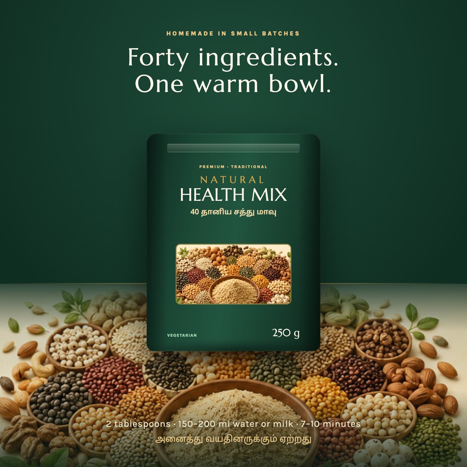 Natural Health Mix pack, surrounded by the grains, millets, pulses, nuts and seeds it is made from